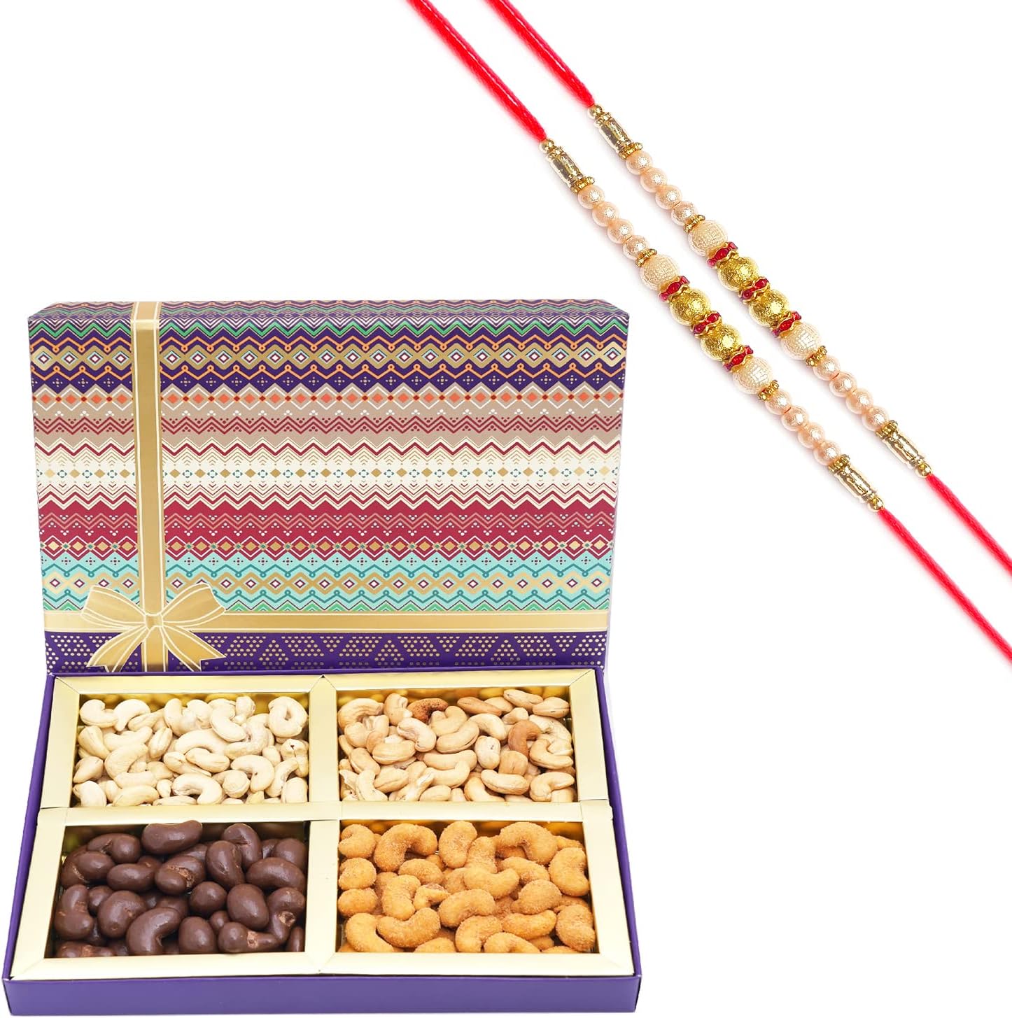 Ghasitaram Gifts Rakhi Gifts for Brothers Dryfruit - Fruit n nut Box of 4 Assorted Cashews 400 GMS with 2 Pearl Rakhis
