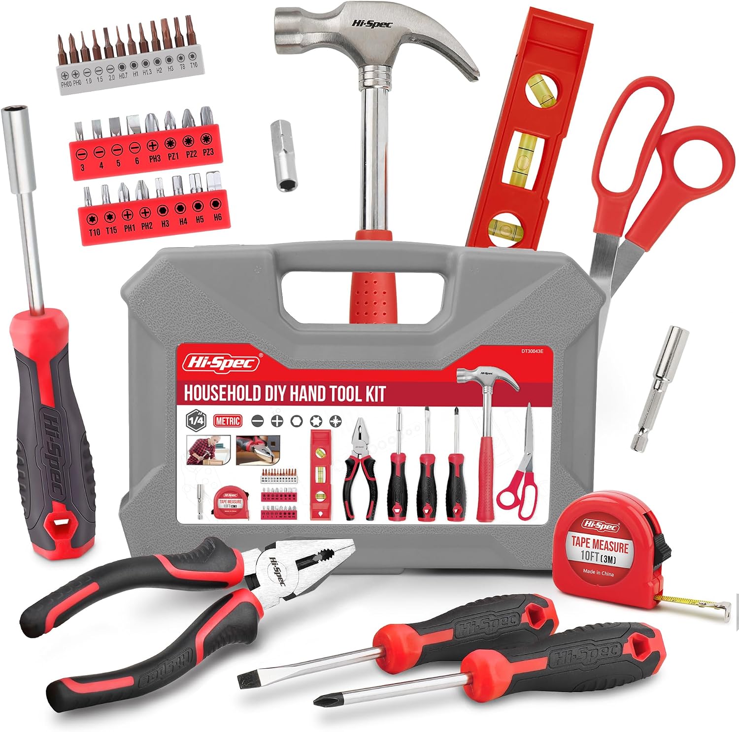 Hi-Spec Tool Kit Set for New Homes, Essential 42-Piece Red. Handy tool set with hammer, screwdriver sets, pliers, bit sets, and more for home and office DIY repair and maintenance in a compact Toolbox