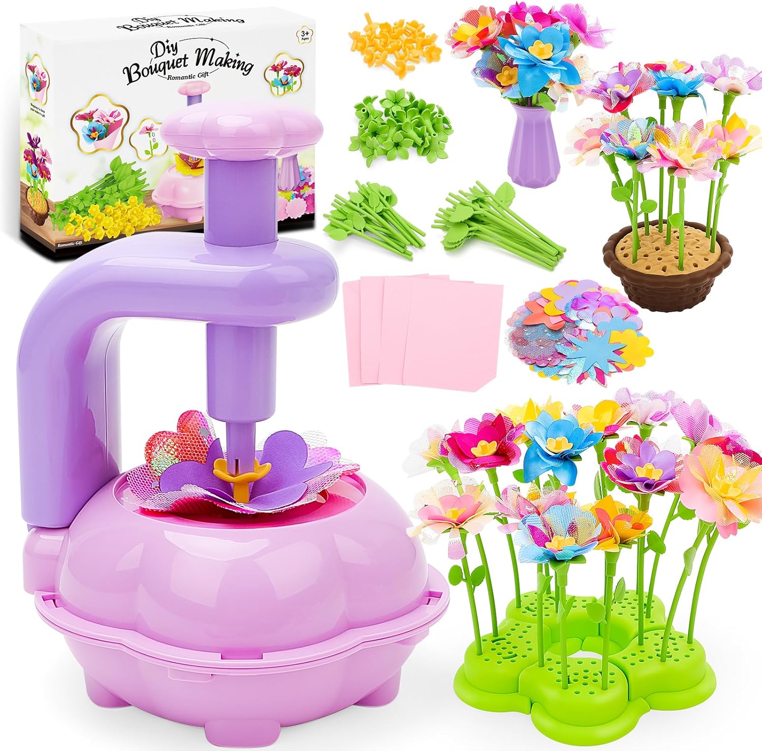 deAO DIY Flower Bouquet Making Kit, with Flower Press, Basket, Vase, Base, Colorful Petals Stems, Kids Craft Set, DIY Flowers Pressing Kit, Creative Play Toys for Kids 3+