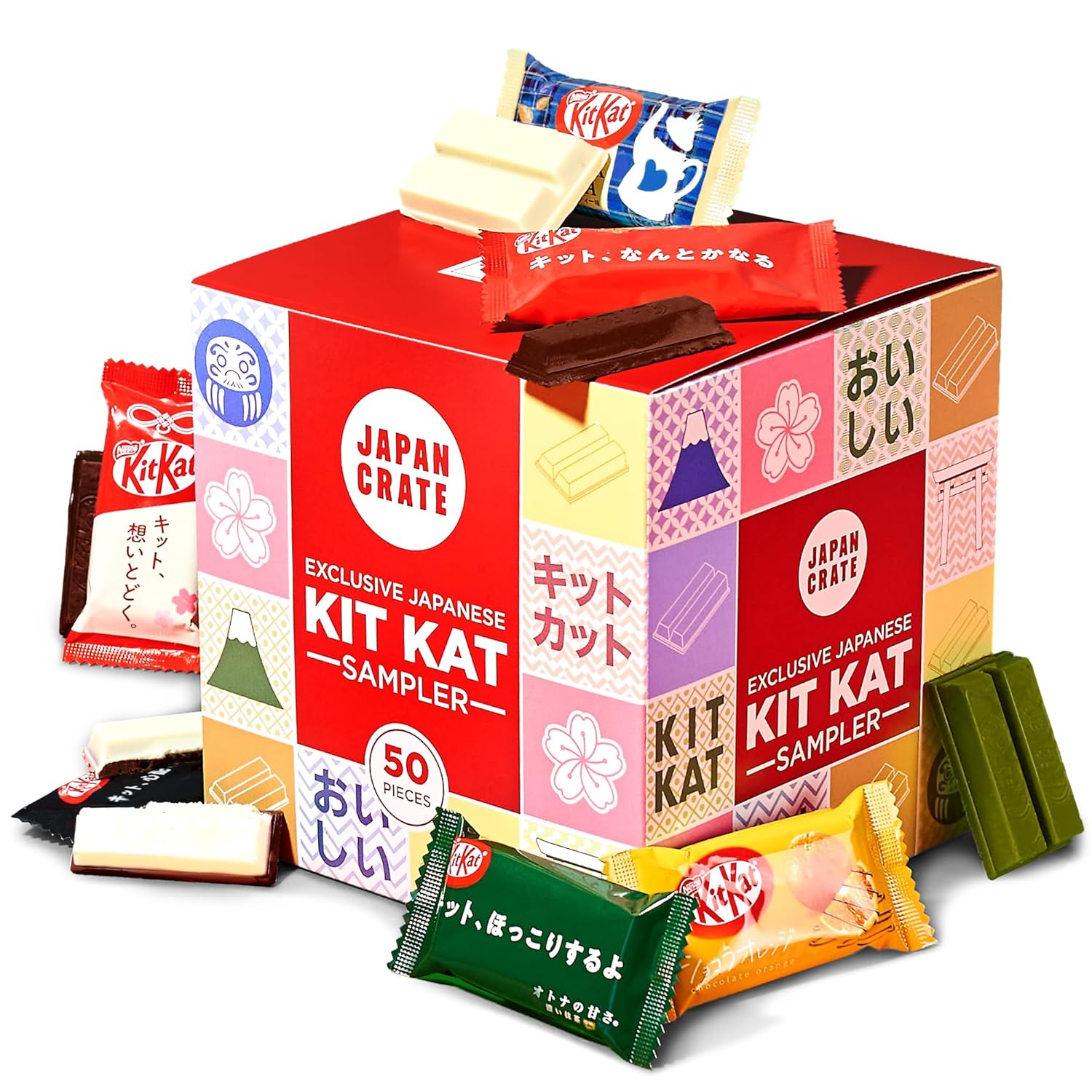 Japan Crate Japanese KitKat Variety Pack - 50-Piece Chocolate Snack Size Sampler Box with 6 Unique Flavors - Green Tea, Orange, Milk Tea, and More, Individually Wrapped Choco Minis