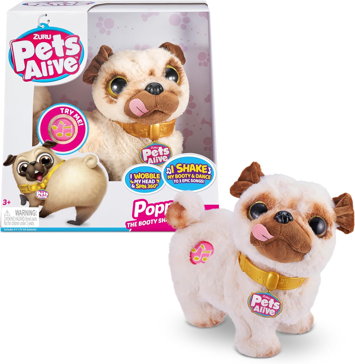 Pets Alive Poppy The Booty Shakin’ Pug – Interactive Dancing Plush Puppy by ZURU Robotic Realistic Soft Dog Stuffed Animal Toy for Kids, Girls