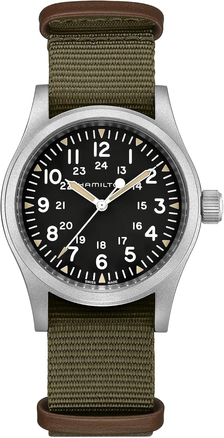 Hamilton Watch Khaki Field Mechanical 38mm | Swiss Made | 38mm Stainless Steel Case | Black Dial Analog Watch | Green Textile NATO Strap (Model: H69439931)