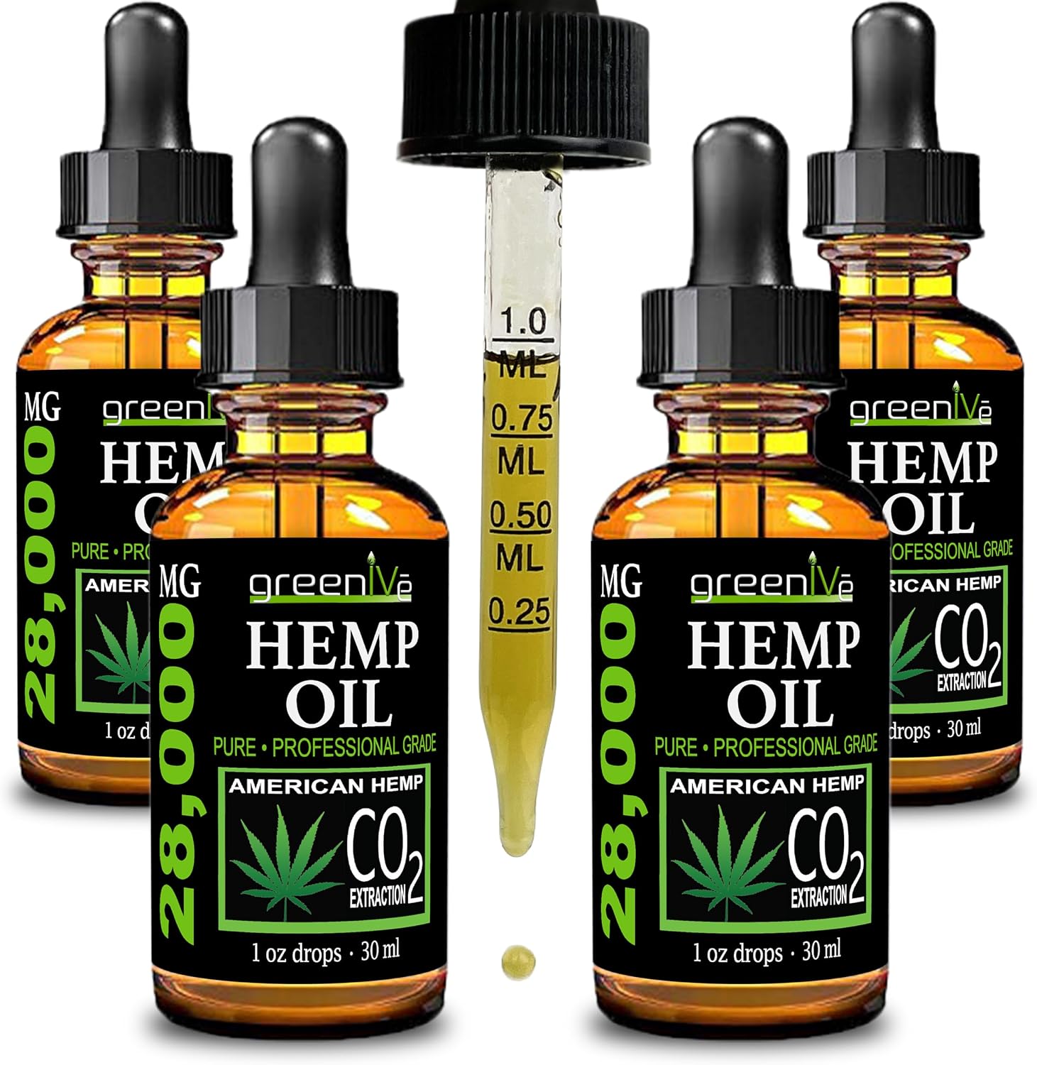 GreenIVe Hemp Oil Drops 28,000mg Per Bottle – Naturally Grown, Vegan, Rich in Omegas – Premium Hemp Oil Dropper – Non-GMO, Made in USA – 30mL (4 Pack)