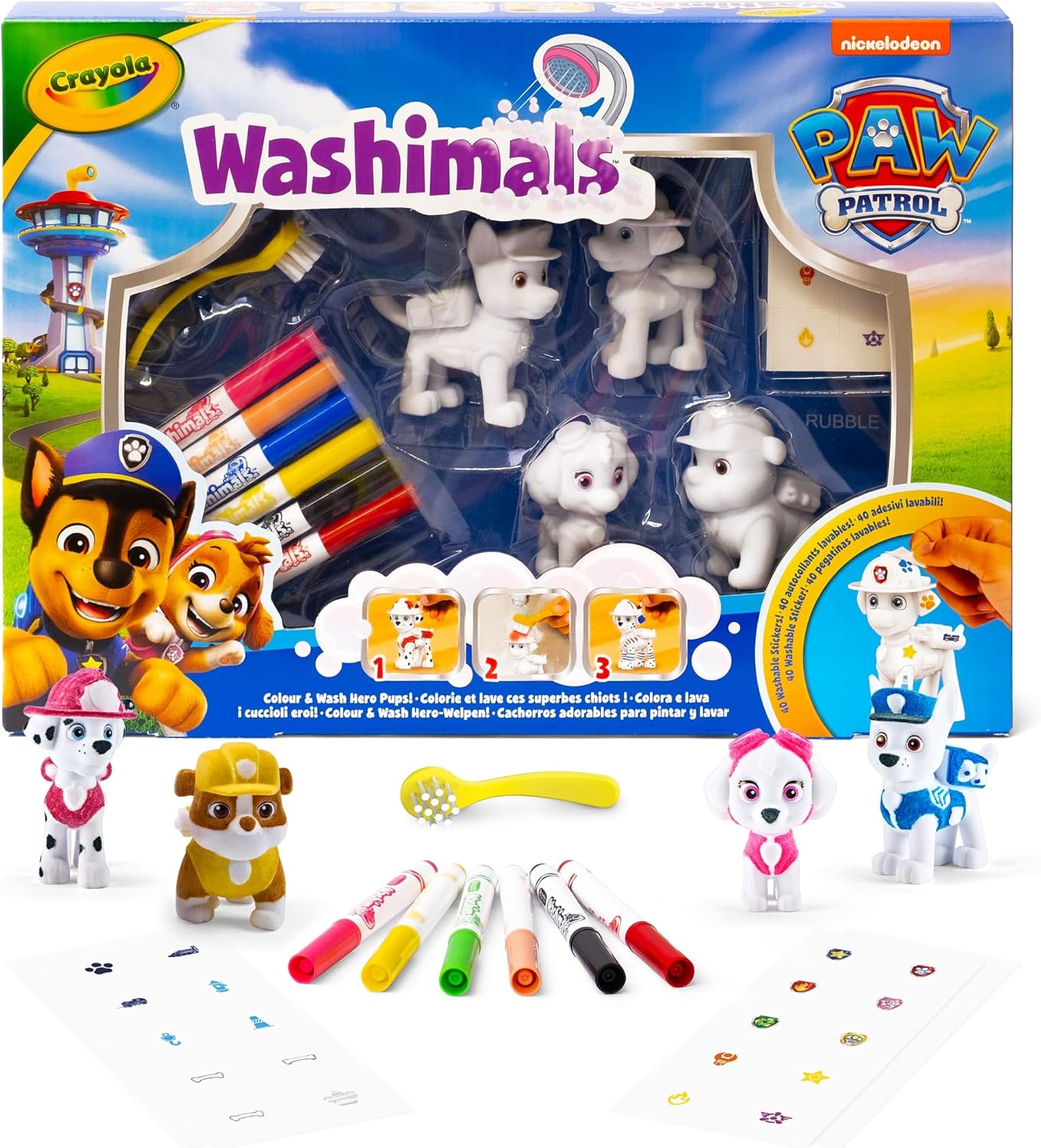 CRAYOLA Washimals - Paw Patrol Activity Set |Includes 4 Washable Figures, 6 Washable Markers, 40 Stickers and Brush | Suitable for Ages 3+