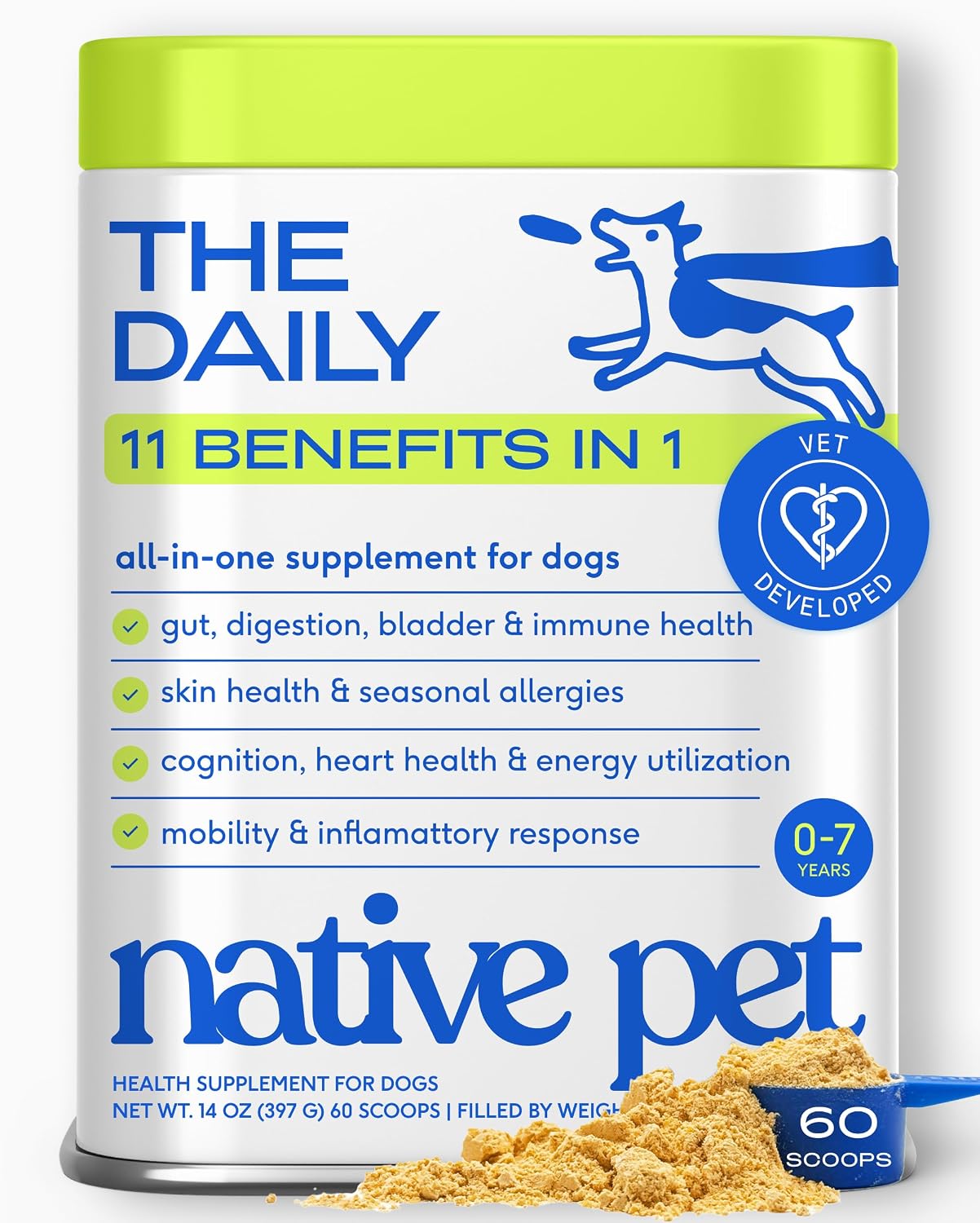 Native Pet The Daily Dog Vitamins & Supplements - 11-in-1 Multivitamin for Dogs - Daily Powder Supplement with Probiotics, Collagen - 60 Scoops