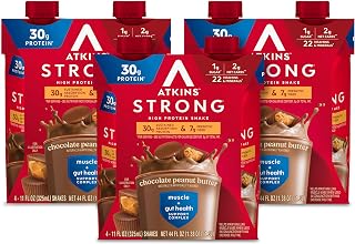 Atkins Strong High Protein Shake, Chocolate Peanut Butter, 30g Protein, 7g Prebiotic Fiber, Muscle & Gut Health Support Complex, 12 Count