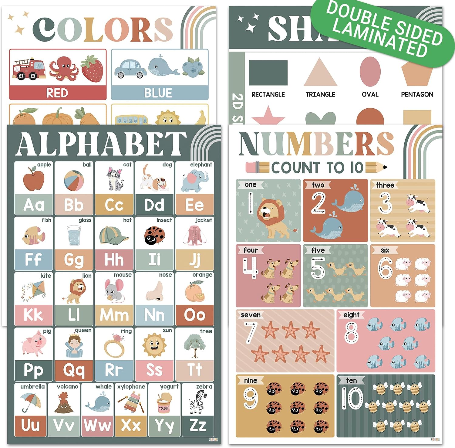 BEAWART ABC Alphabet Poster 16x24, Modern Boho Educational Posters for Toddlers 1-3 (Pack 4), Color Shape Number Chart for Classroom Decor, Learning Posters for Preschoolers, Homeschool Supplies, Double Laminated