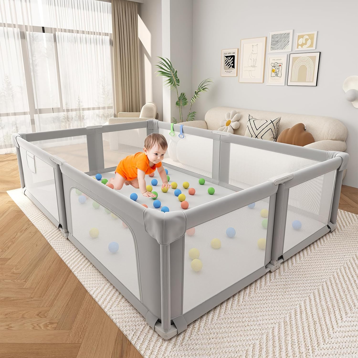 Baby Playpen, Grey Foldable Playpen for Babies and Toddlers, 185x154cm Playard for Indoor & Outdoor, Large Baby Play Yards, Play Fence with Soft Breathable Mesh, Mattress, Ocean Balls