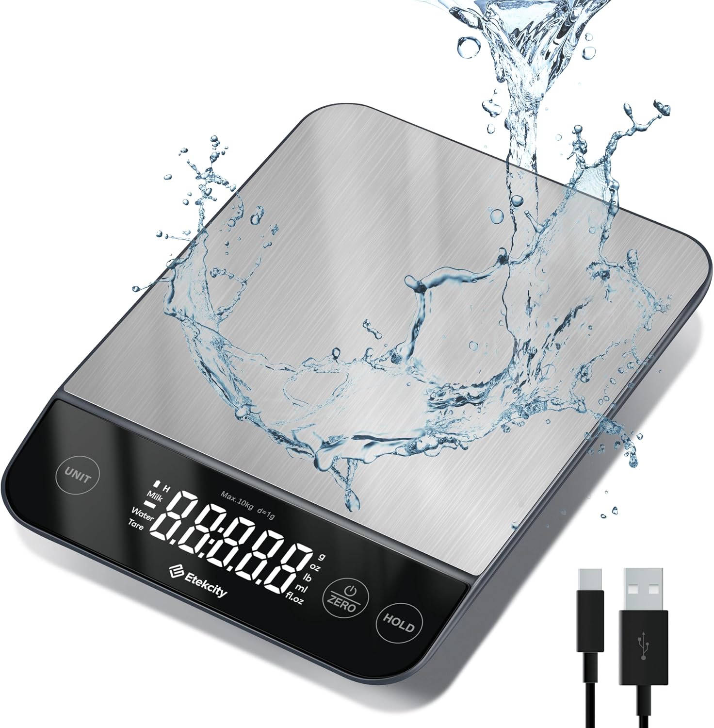Etekcity 22lb Food Kitchen Scale, USB Rechargeable, IPX6 Waterproof | Digital scale with grams & ounces, 1g precision, 5 weight units, tare, ideal for baking, meal prep, Stainless Steel, Silver