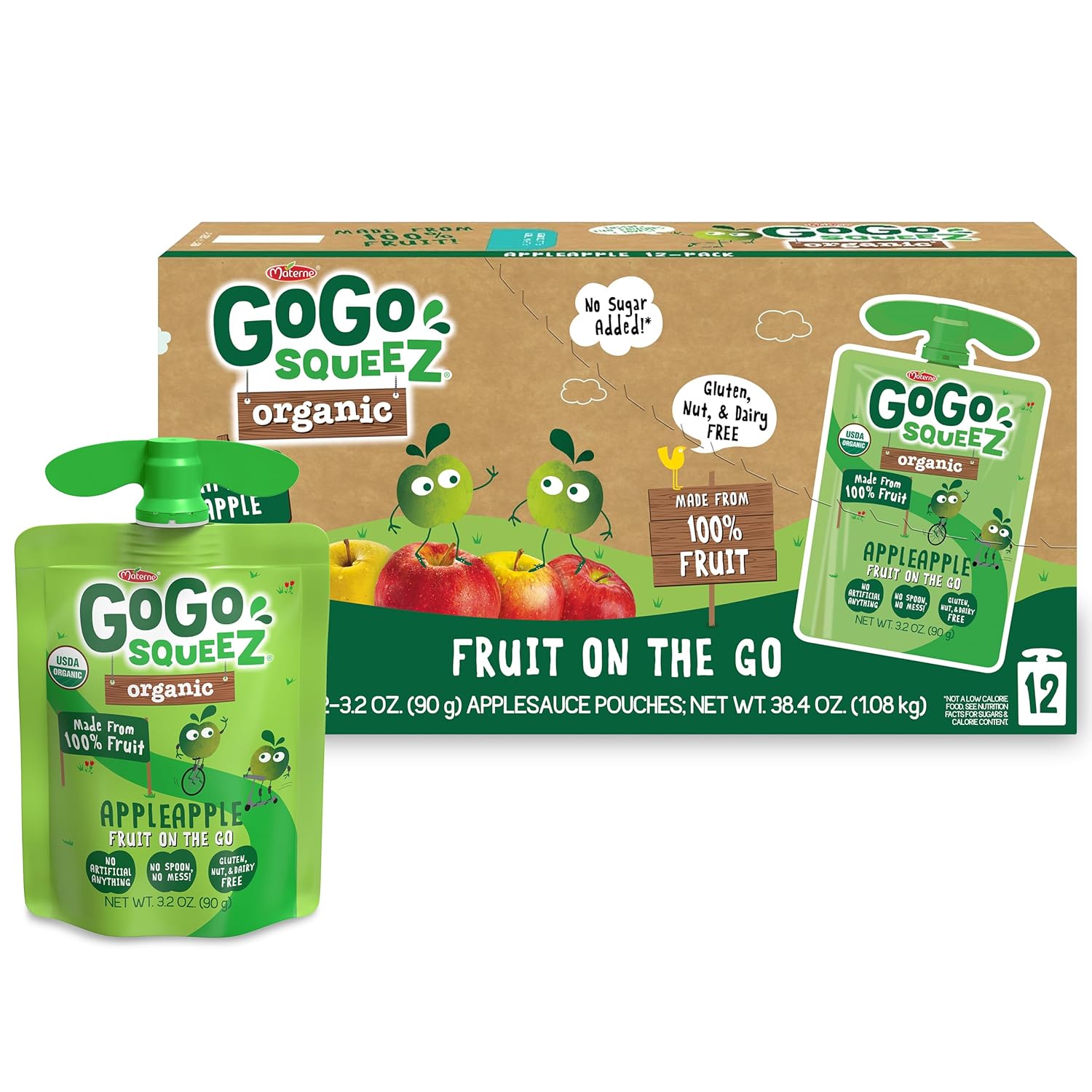 GoGo squeeZ Organic Applesauce and Fruit Puree, Apple Apple, 3.2 oz (Pack of 12), Unsweetened Organic Fruit Snacks for Kids, Gluten Free, Nut Free and Dairy Free, Recloseable Cap, BPA Free Pouches