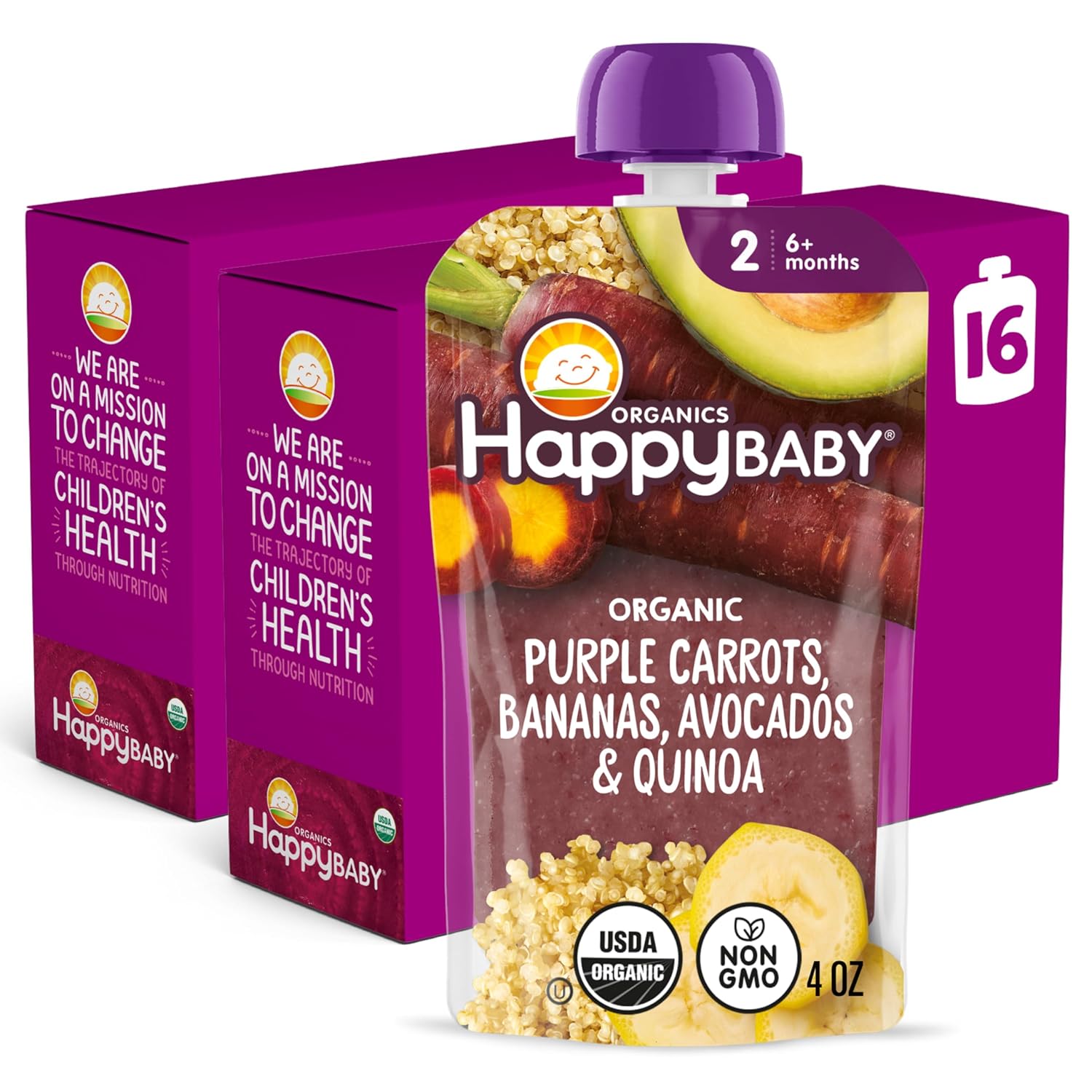 Happy Baby Organics Stage 2 Baby Food Pouches, Gluten Free, Vegan & Healthy Snack, Clearly Crafted Fruit & Veggie Puree, Purple Carrots, Bananas, Avocados & Quinoa, 4 Ounces (Pack of 16)