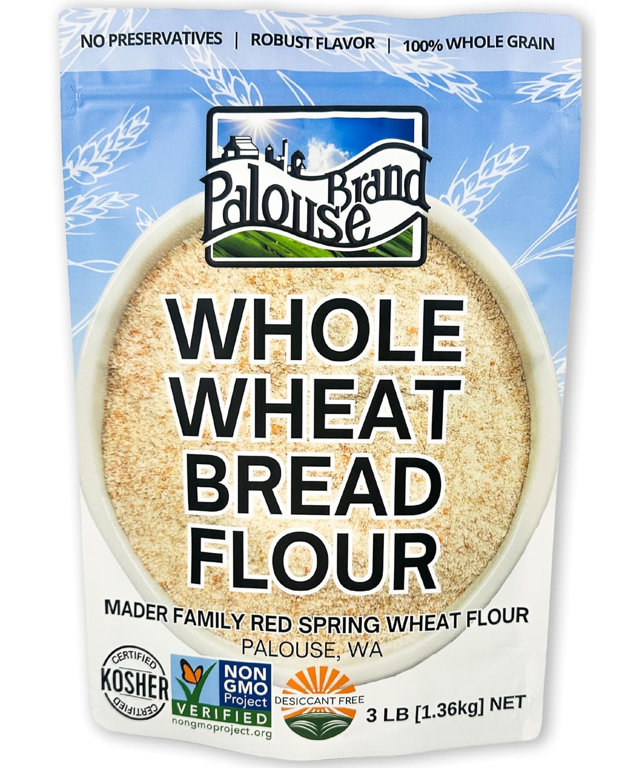 Certified Glyphosate Residue Free Unbleached Hard Red Spring Whole Wheat Flour | 3 LBS | Bread Flour | Non-GMO | 100% Non-Irradiated | Kosher | USA Grown | Field Traced | Resealable Bag