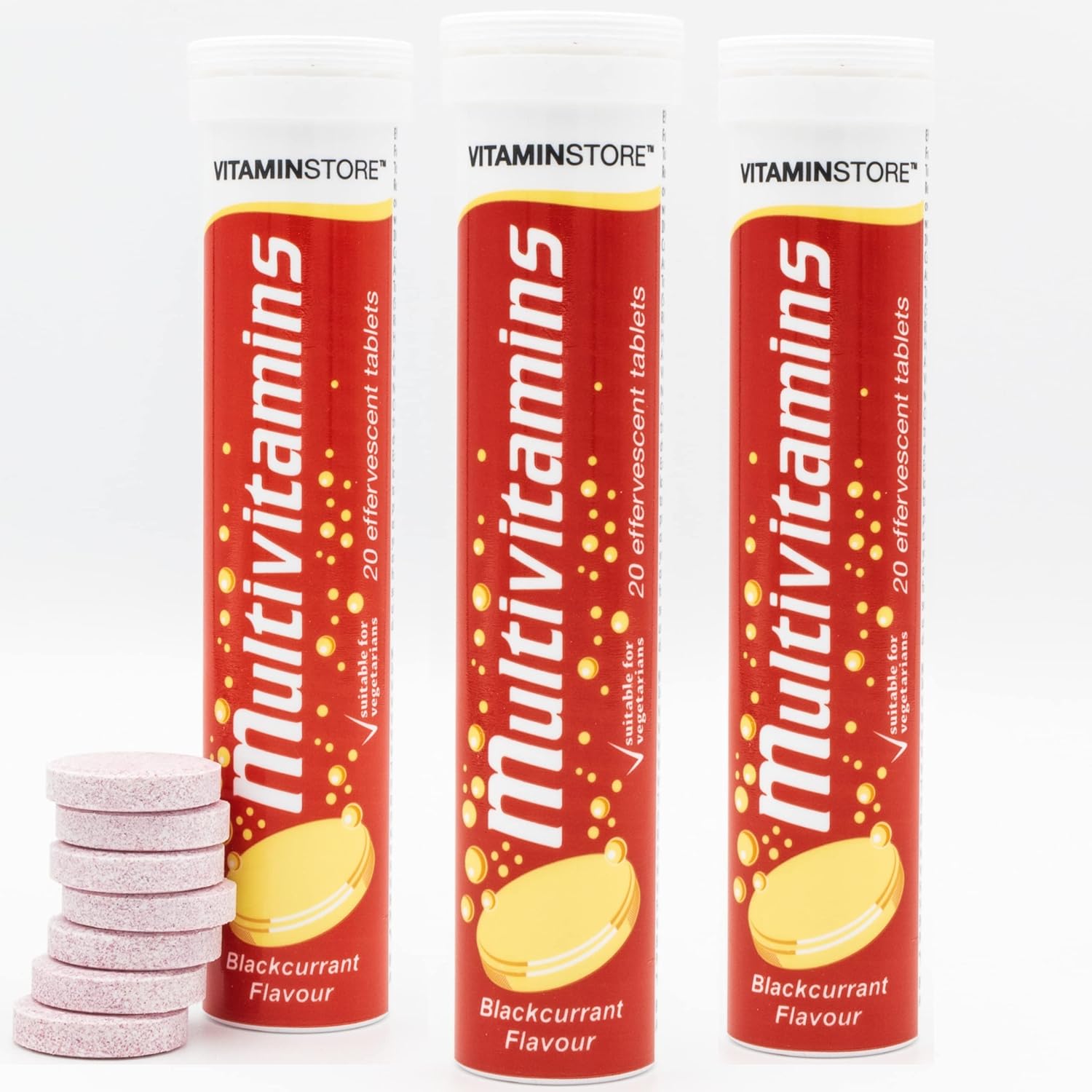 Vitamin Store Effervescent Multivitamins - 3 Packs of 20 Blackcurrant Flavour Fizzy Dissolvable Tablets - Vitamins A, C, D, E, K, B1, B2, B6 B12, Folic Acid - 2 Month Supply (60 Effervescent Tablets)