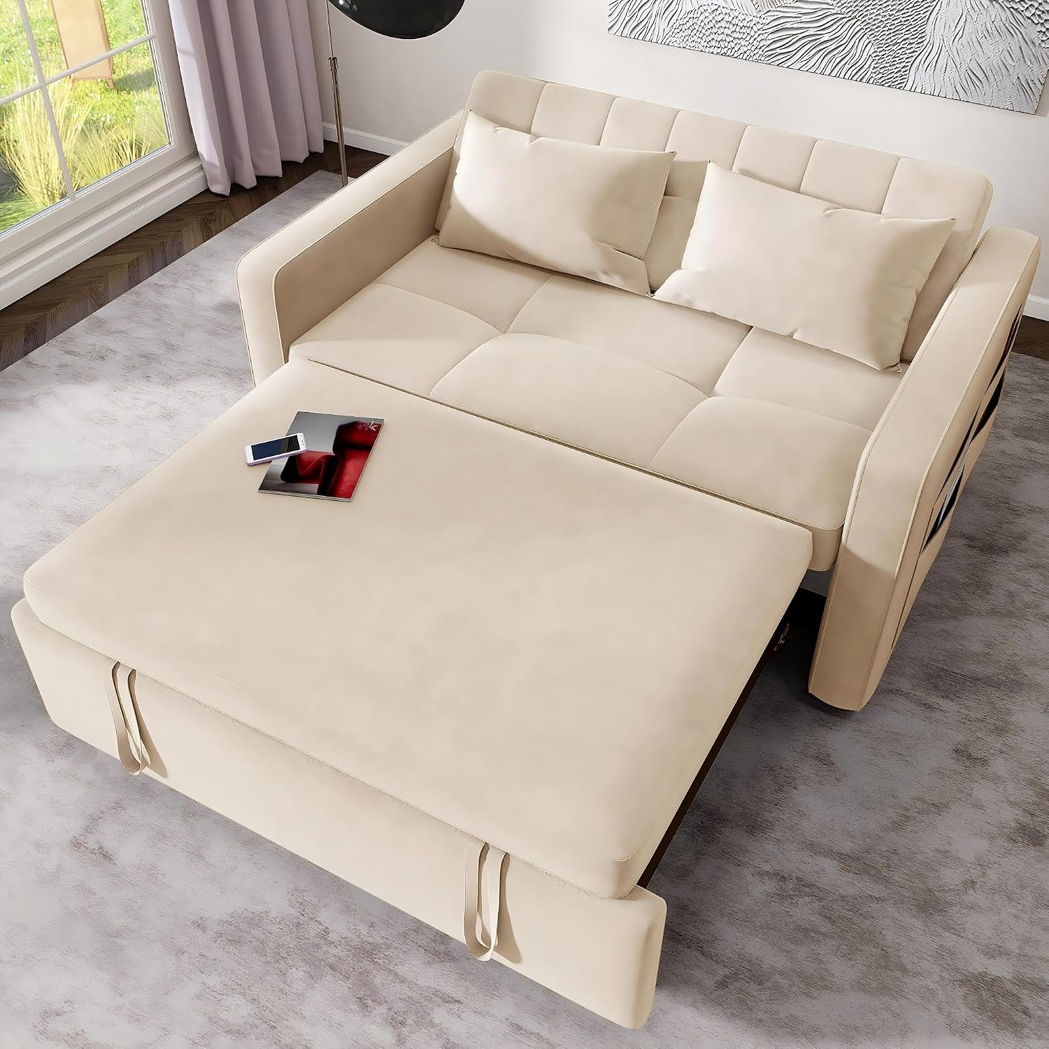 DWVO 55" Convertible Sofa Bed, 3-in-1 Sleeper Sofa with Pull-Out Bed, Velvet Futon Couch with Adjustable Backrest and Side Pocket, Modern Loveseat for Living Room Apartment, Beige