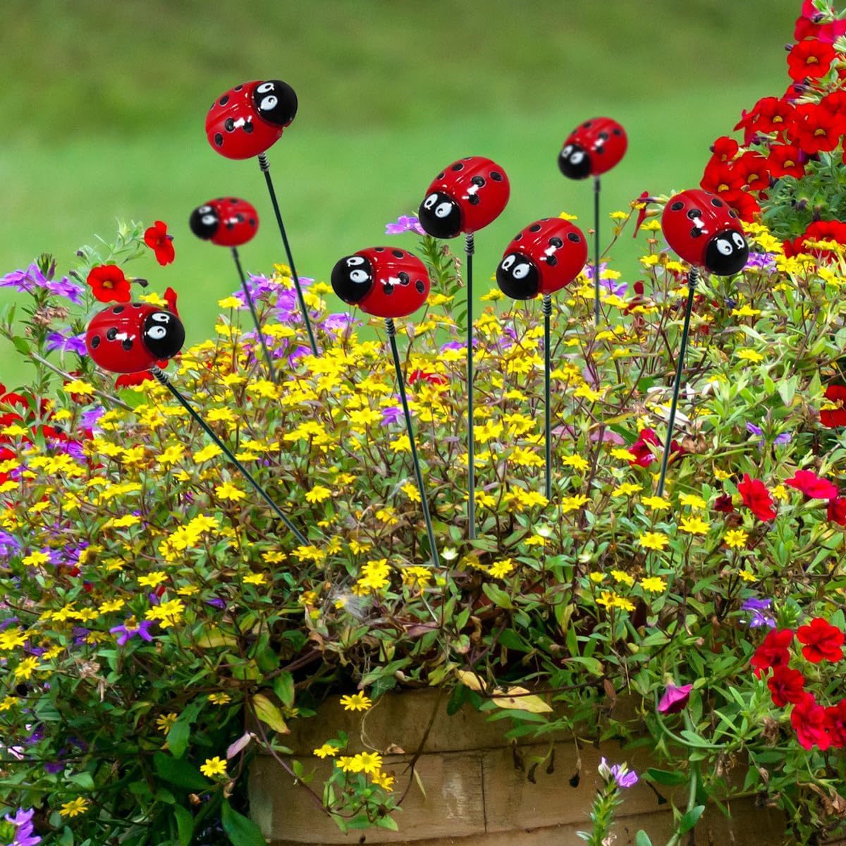 MOFIC 10 Pcs Red Ladybird Garden Ornaments, Outdoor Metal Garden Decorations - Realistic Ladybug Decorations for Garden, Lawn, Fence & Wall Art