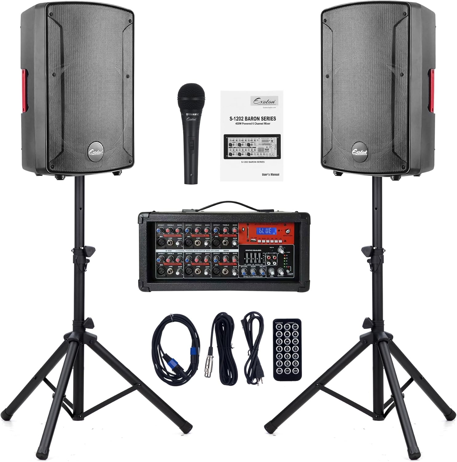 EXOTON S-1202 12inch Bluetooth PA System with Powered Mixer Set, Passive Speakers with 6 Channel Mixer/Stands/Mic/Effect Controller/ 48V Phantom Power,for Indoor&Outdoor