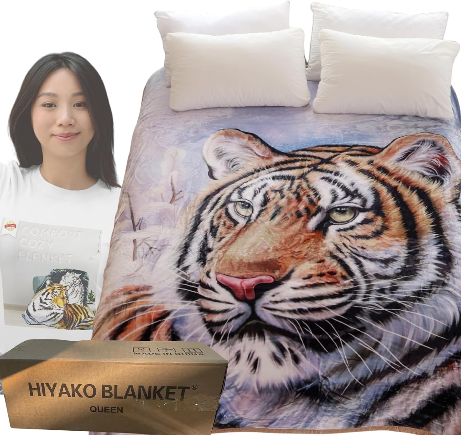 Tiger Animal Print Blanket 5.3 Lbs - Warm Plush, Heavy Thick, and Soft Fuzzy Fleece for Cozy Comfort Winter - Korean Mink Mexican Cobijas San Marcos Adult Blankets - Queen Size 75" X 90"