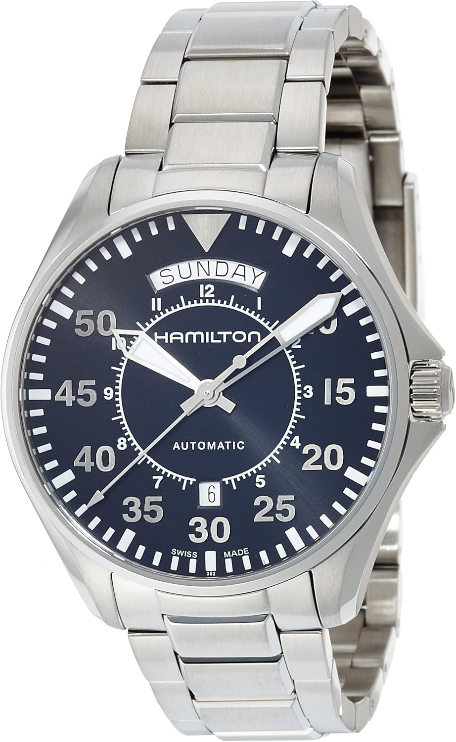 Hamilton Watch Khaki Aviation Pilot Day Date Auto | Swiss Made | 42mm Stainless Steel Case | Black Dial Analog Watch | Silver Stainless Steel Bracelet (Model: H64615135)