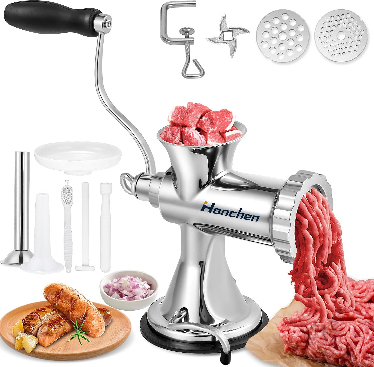 Hanchen Manual Meat Grinder Stainless Steel Sausage Maker Manual Meat Mincer Machine with 4.5/8mm Plates, Suction Cup Household Sausage Stuffing Machine