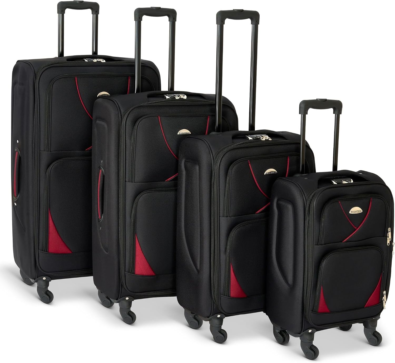 Bravich 4-Piece Soft Shell Suitcase Set - Black/Red. Spacious Suitcases with Spinner Wheels, TSA Lock - 20", 26", 28" & 32" Size