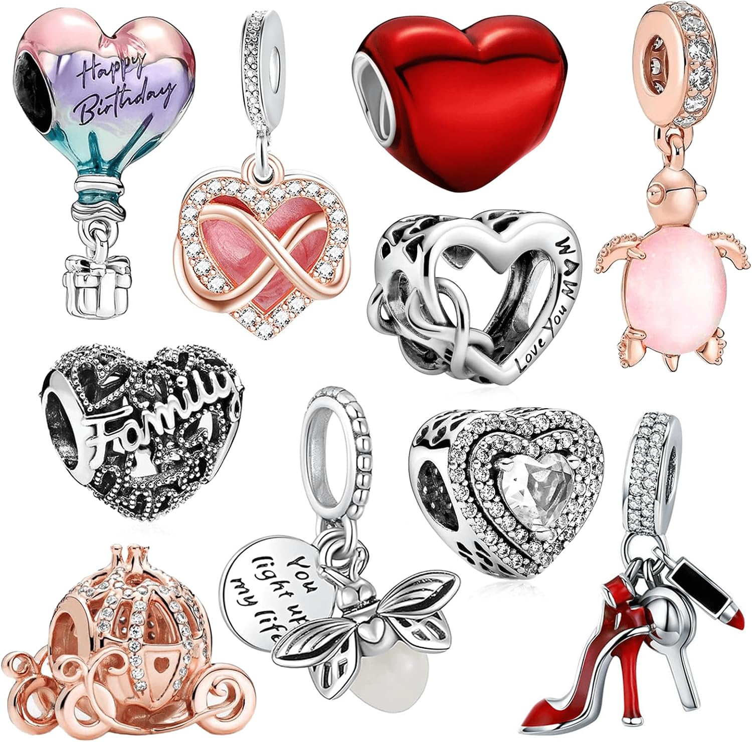 WANIUS 10 Pack Silver Charms for Pandora Bracelets and Necklaces Charms for Women CZ Pendant Jewelry Charm Set