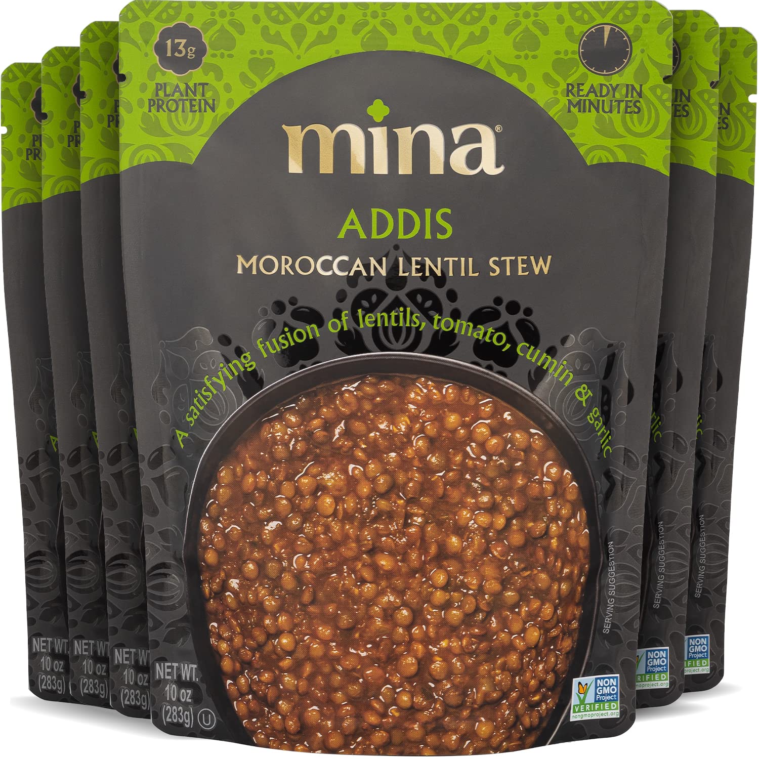 Mina Moroccan Lentils, Ready to Eat, Lentils High In Plant Based Protein, Vegan, Non-GMO, Gluten Free, Kosher, Microwavable, Packaged Meals & Side Dishes, 10 oz (Pack of 6)