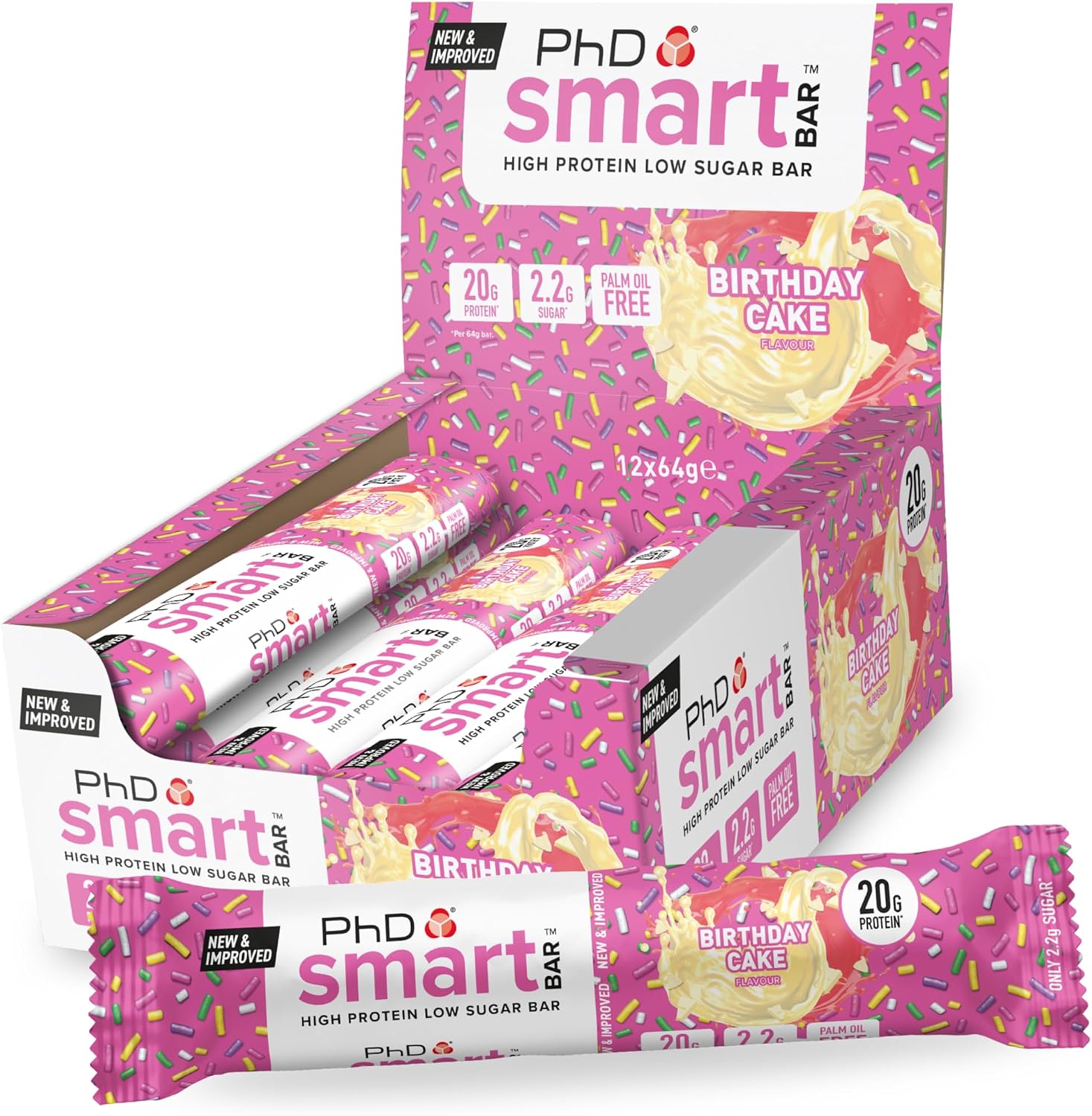 PhD Nutrition Smart Protein Bar Low Calorie, Nutritional Protein Bars/Protein Snacks, High Protein Low Sugar, Birthday Cake Flavour, 20g of Protein, 64g Bar (12 Pack)
