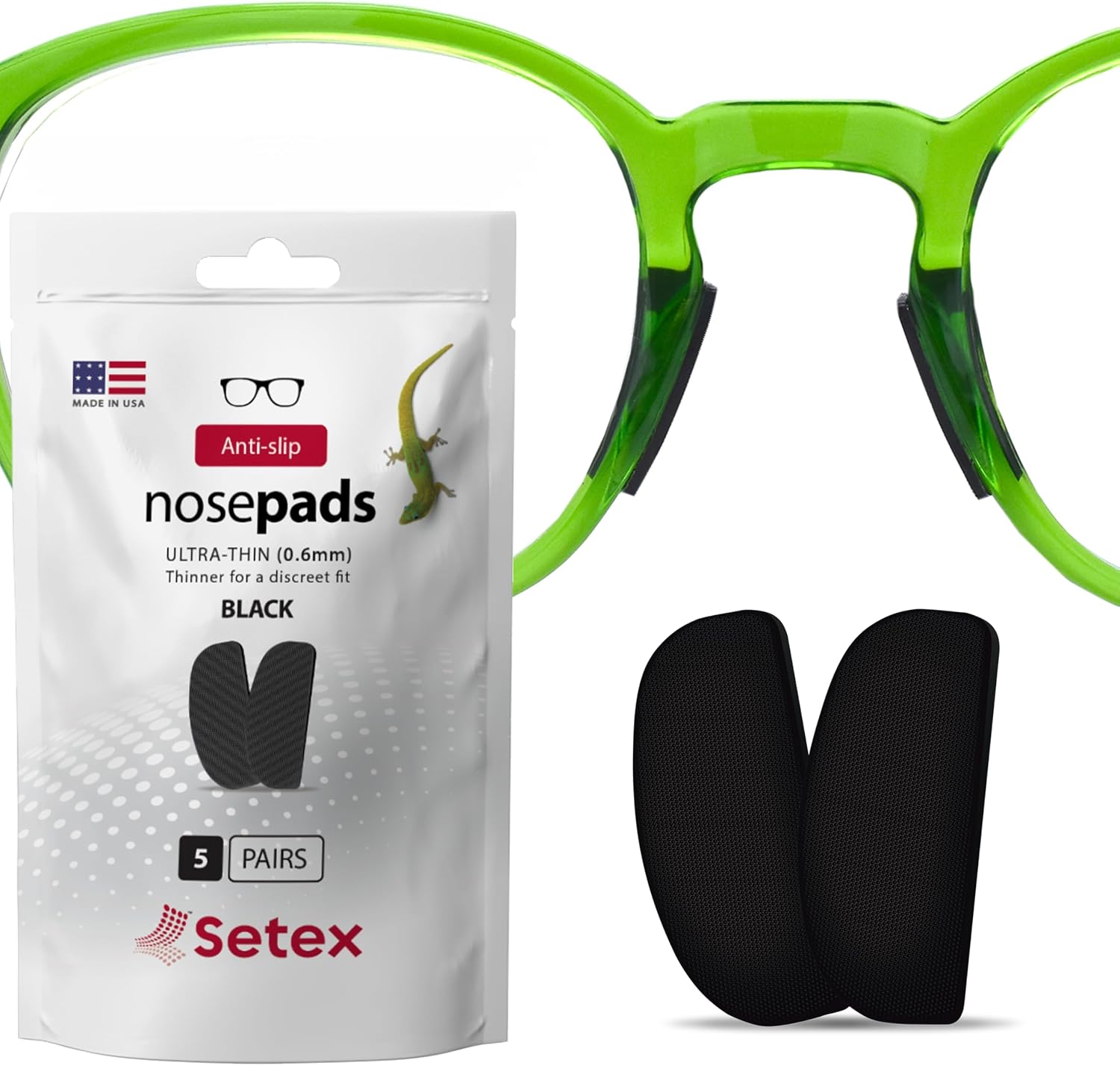 Setex Gecko Grip Ultra-Thin 0.6mm Anti Slip Eyeglass Nose Pads 5 Pair Black