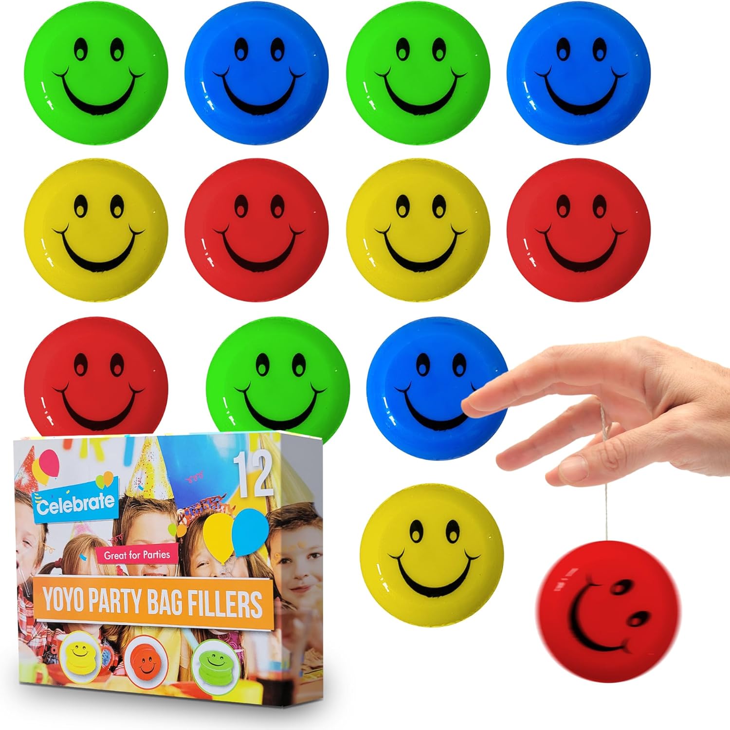 SOL 12pk Kids Yoyos Party Bag Fillers, Assorted Colour Smiley Design Trick Yo-Yo, Perfect Toy for Beginners, Lightweight and Fun, Ideal Entertainment for Children's Parties of All Ages