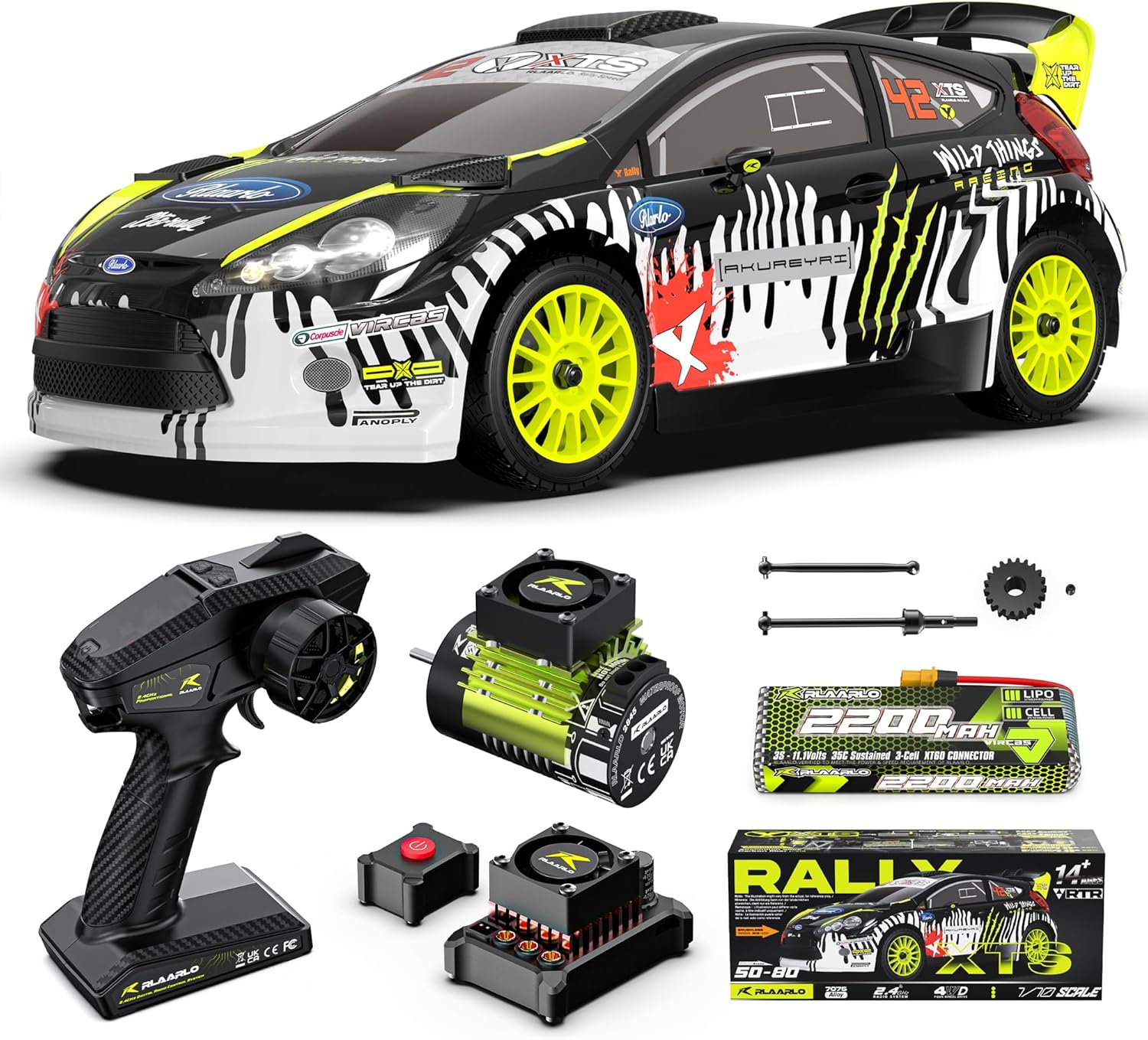 RIAARIO 1/10 Rally Car Max 50mph Brushless RC Cars for Adults with Gyro 4WD RC Truck with Full Car Linkage Lighting Remote Control Trucks with 3S 2200mAh Rechargeable Battery Support 4400mAh Battery