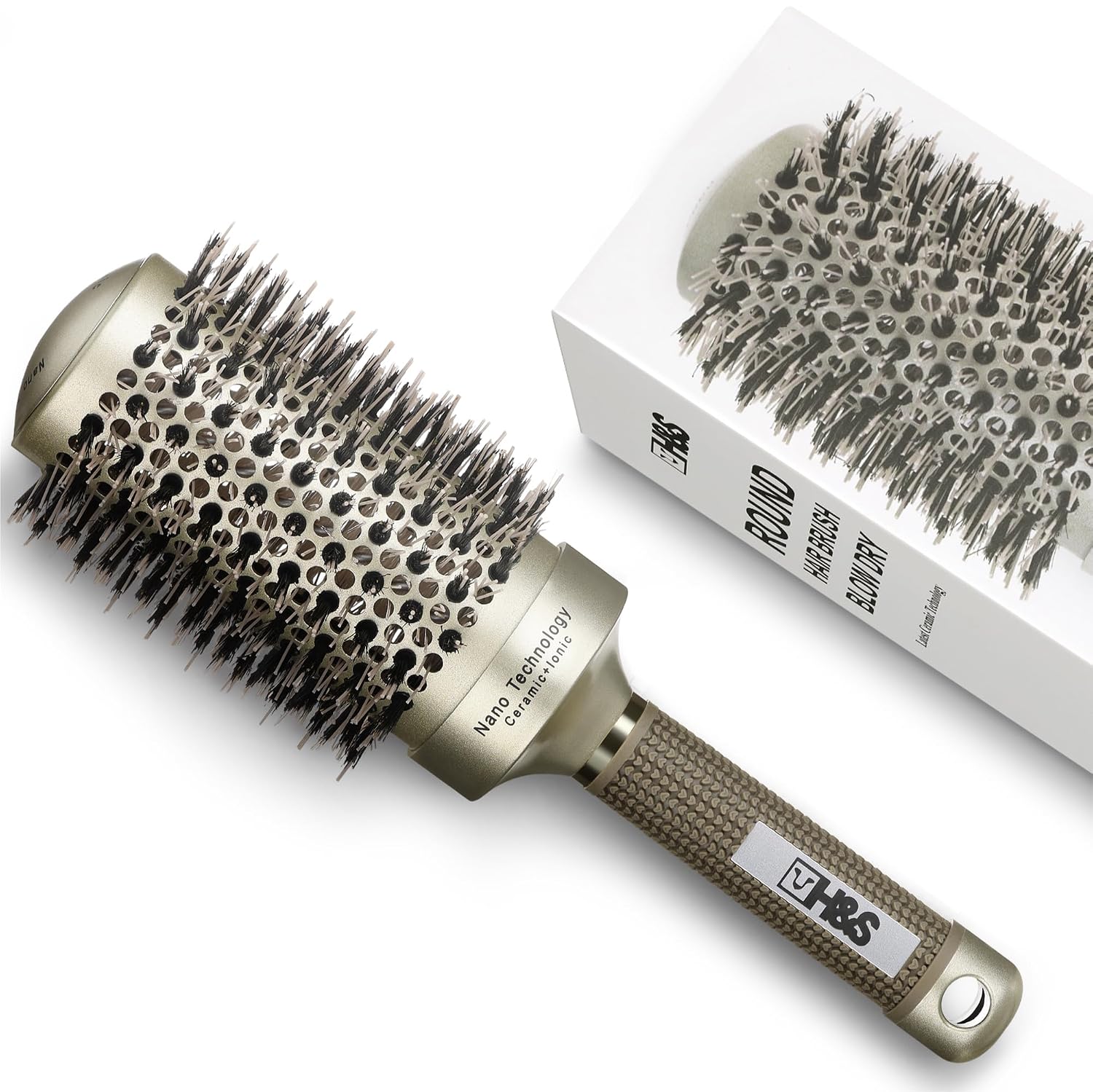 H&S Wooden Round Hair Brush - ⌀ 85mm (3.3") - Natural Boar Bristle Hairbrush for Blow Drying and Quiff Styling - Small Circlular Roll Brush for Women and Men - Gold