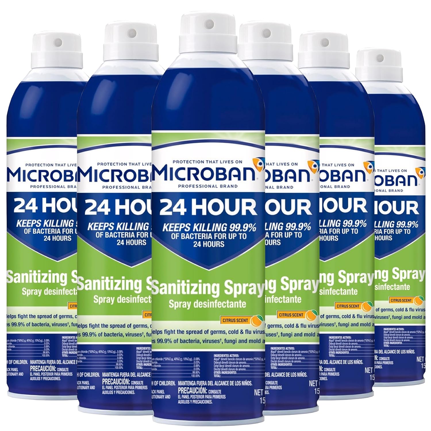 MICROBAN 24 Hour Sanitizing Spray, 6 cans, 15 fl oz Each