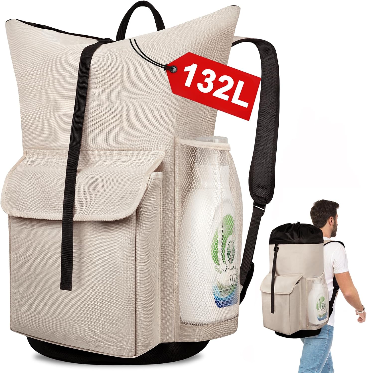 Laundry Backpack Bag, 132L Extra Large Heavy Duty Laundry Backpack for College Dorm Essentials, Laundry Hamper Travel Bag with Shoulder Straps and Mesh Wash Bags for Laundromat, Apartment, Khaki