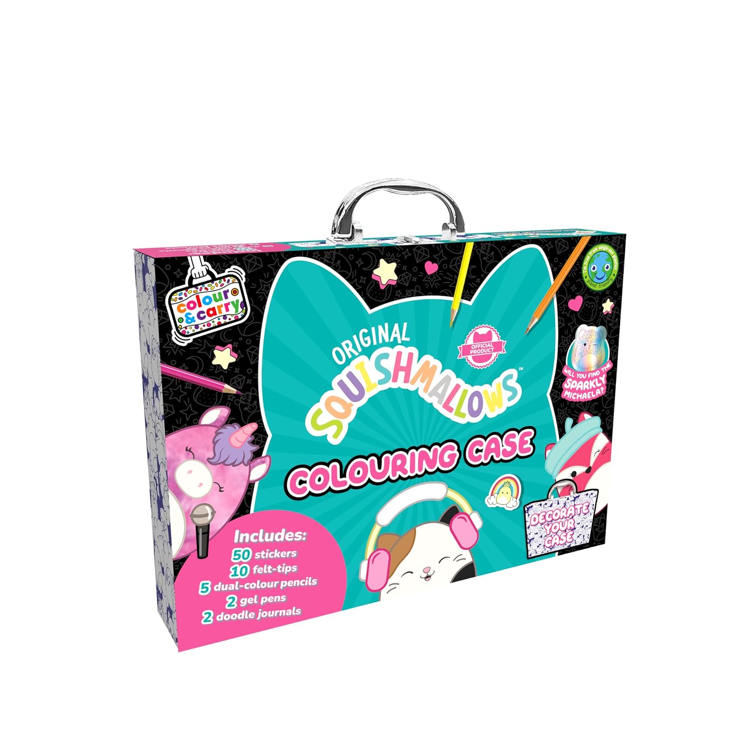 Bookoli - Original Squishmallows Colouring Case - Ages 6 & Above - Perfect for Squishmallow Fans - 2 Books Plus 12 Pens, Pencils and Stickers