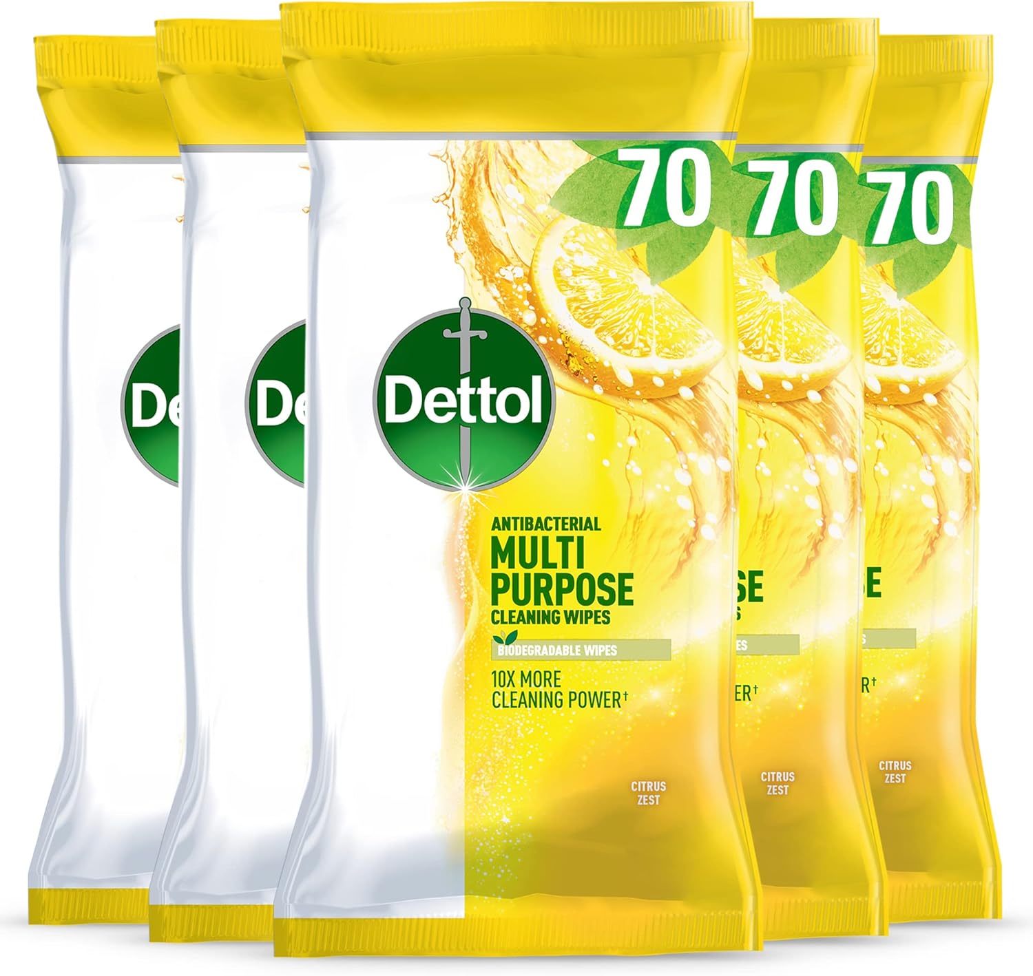 Dettol Antibacterial Multipurpose Cleaning Wipes, Citrus Zest, 70 pack (5 x 70, Total 350 Wipes) Disinfectant, Biodegradable, 10x Cleaning power vs Water alone, Kills 99.9 Percent of Germs