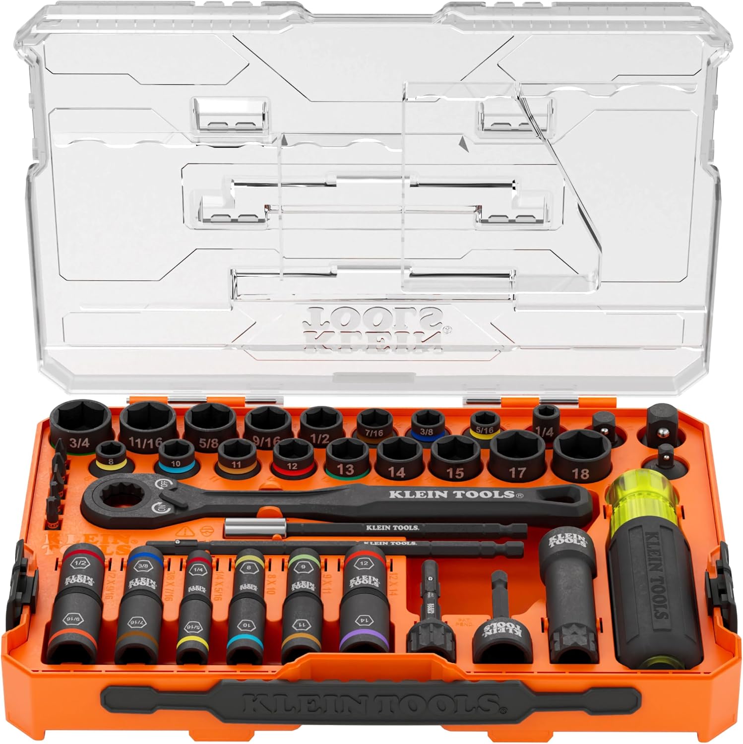 Klein Tools 65500KNECT KNECT Impact Socket Set, SAE and Metric Pass Through Socket Set, 90-Tooth Ratchet, MODbox Case, SAE, Metric, Screwdriver Handle, Bits, 39-Piece
