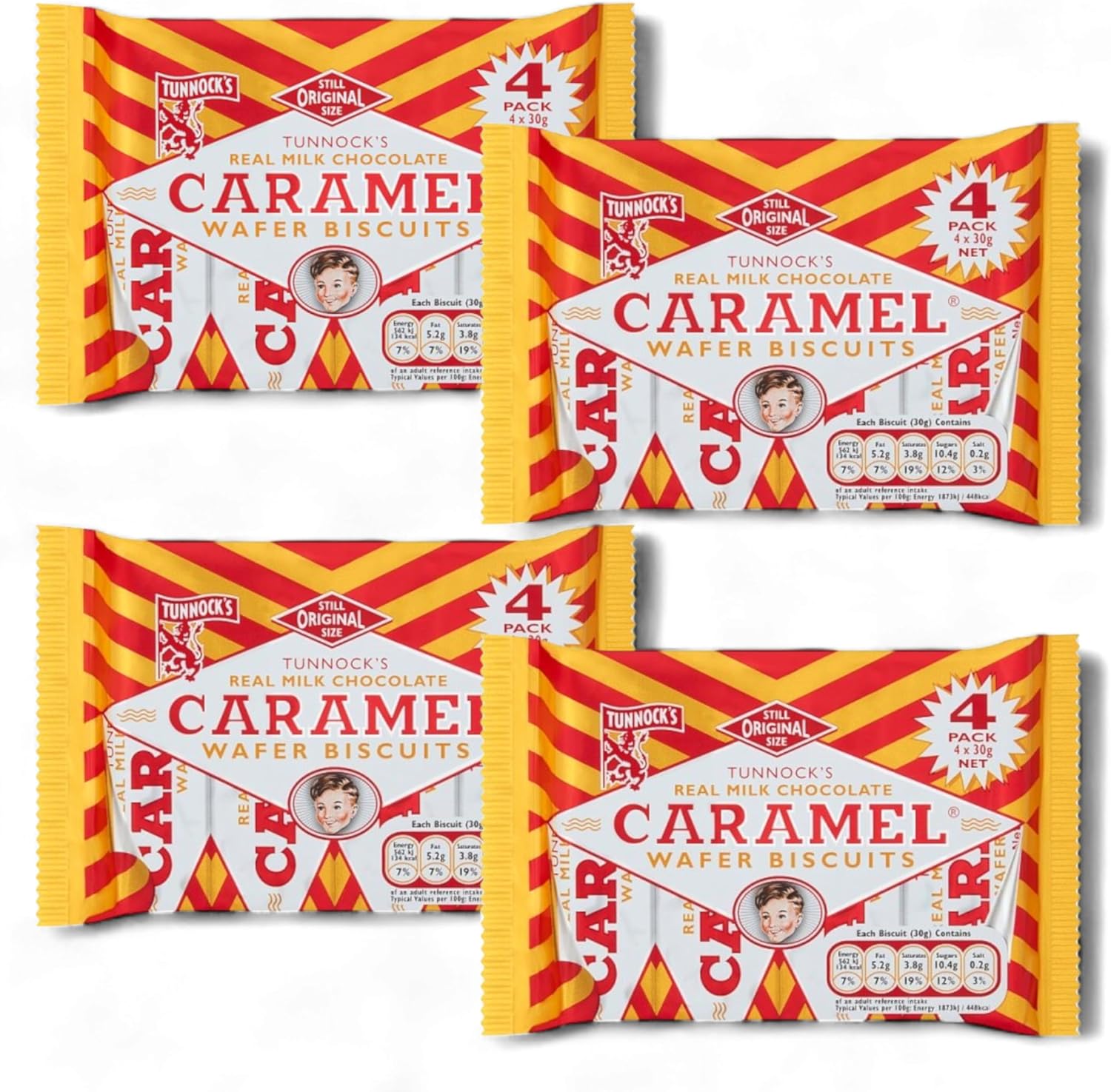 4 Pack (4 x 30g) Tunnocks Milk Chocolate Caramel Wafer Biscuits - (16 Wafer Biscuits Individually Wrapped)
