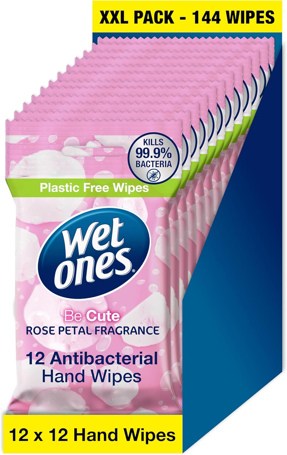 WET ONES - Be Cute, Plastic Free Anti-bacterial Bio-degradable Hand Wipes, 144 Total - 12 packs of 12 wipes