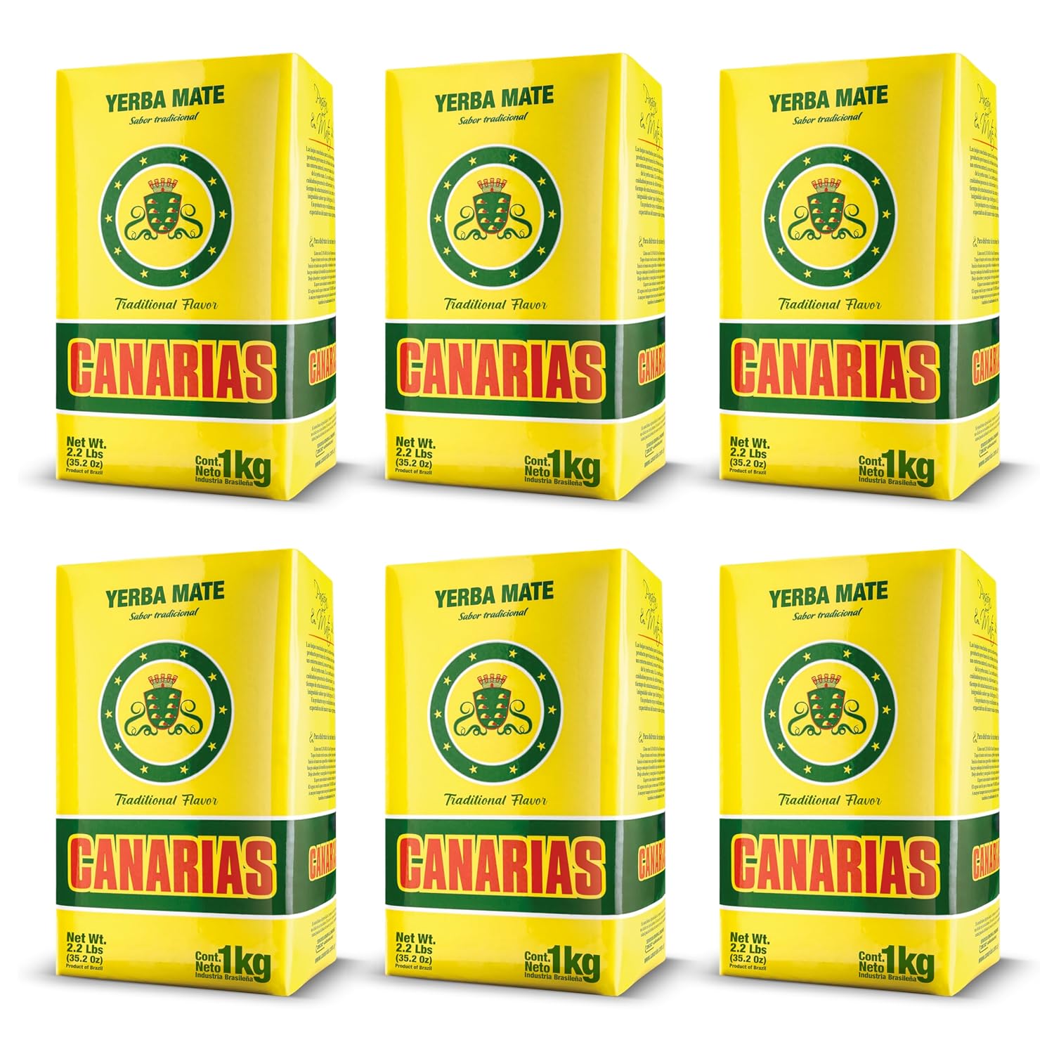 Canarias Yerba Mate Traditional 2.2 lb - Uruguayan Yerba Mate Tea - Ground Leaf Without Stems (Sin Palo) - Strong & Full-Bodied Flavor (Pack of 6)