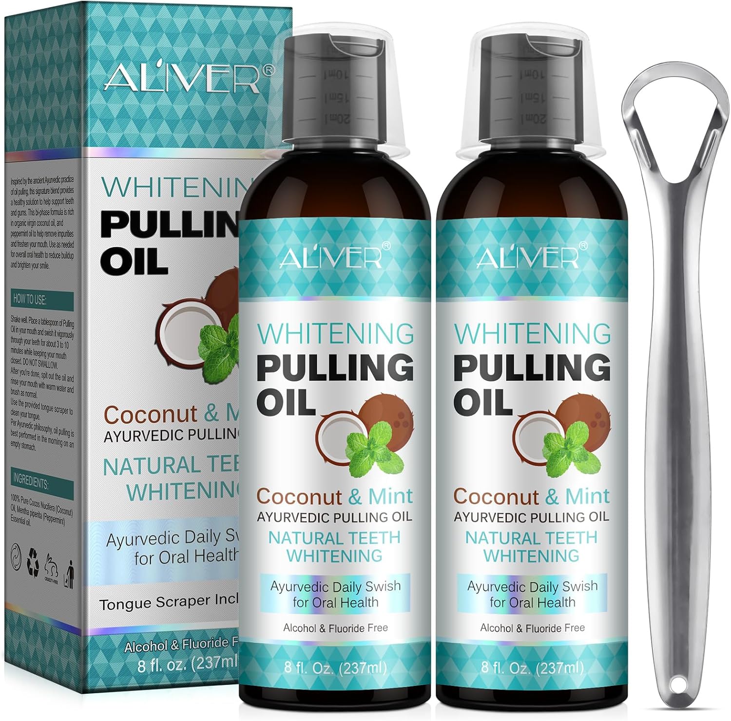 Mint Oil Pulling Mouthwash with Tongue Scraper - Natural Coconut Oil Pulling for Teeth Whitening, Fresh Breath, Teeth Whitening and Healthier Teeth & Gum (237ml（Pack of 2）)