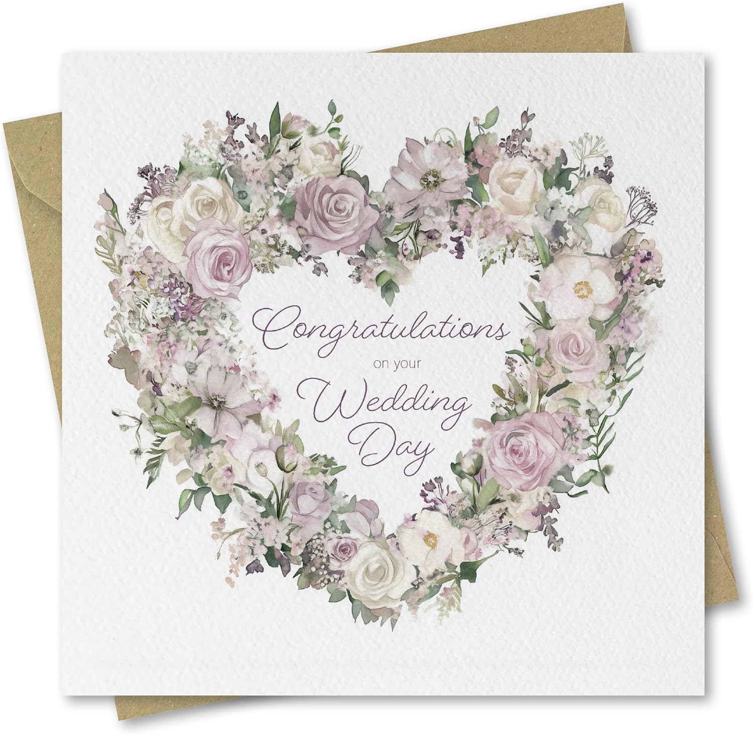 Wedding Card for Bride and Groom. Congratulations on your Wedding Day. Floral Wreath Design on Textured stock. 150x150mm. Supplied with Kraft envelope.