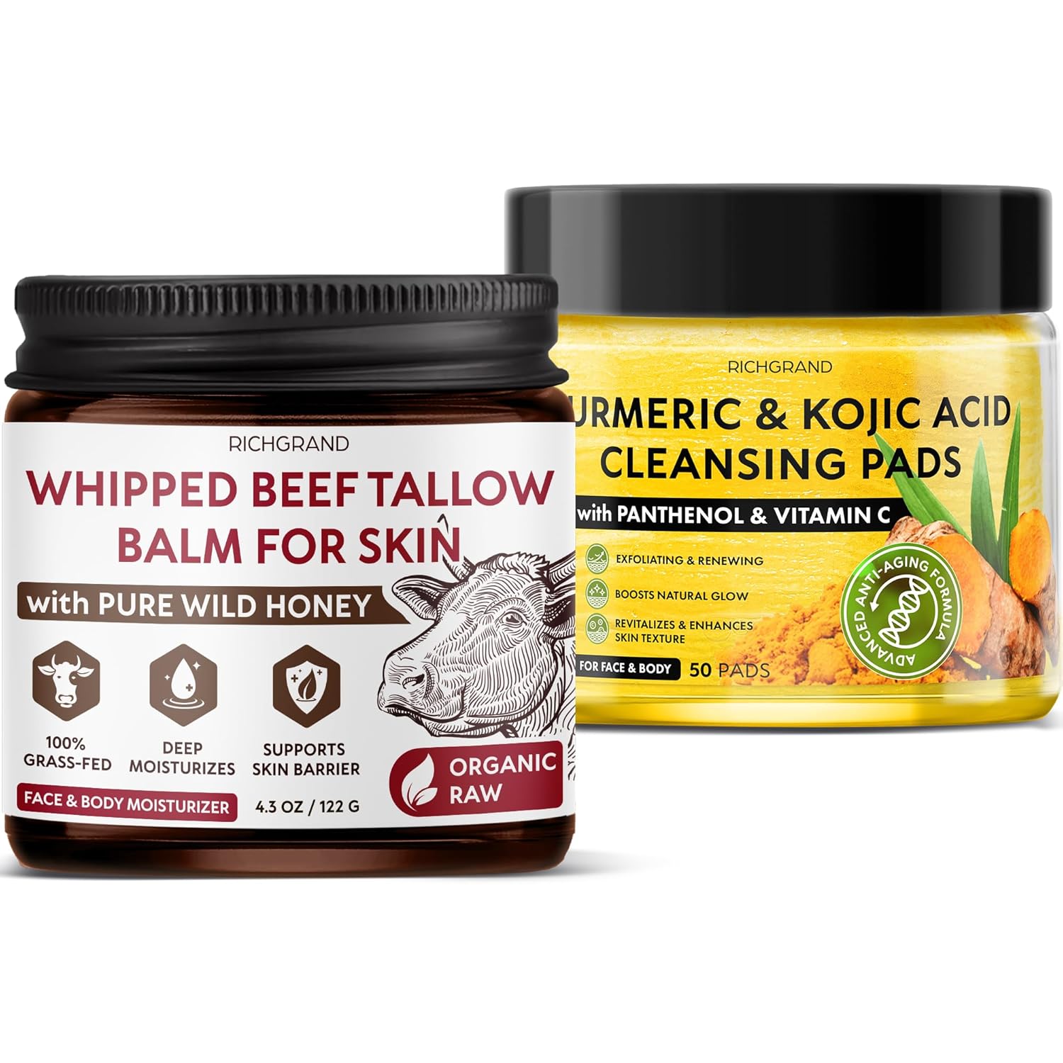Beef Tallow Balm + Turmeric Kojic Pads – Natural Daily Face & Skin Care Set