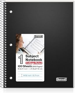 Dunwell College Ruled Spiral Notebook, (Black) 1 Subject Notebook 8.5 x 11 With Plastic Cover & Pocket Divider, 100 Sheets, Perforated Pages, One Subject Spiral Notebook School, 8 1/2 x 11 Paper
