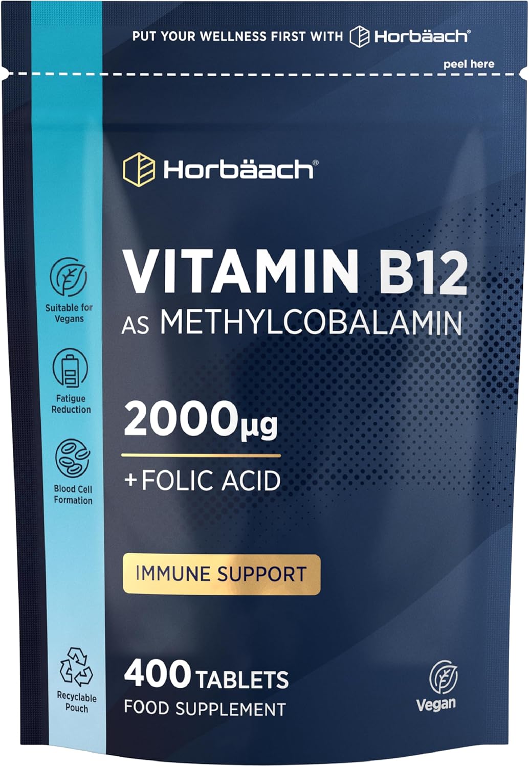 Vitamin B12 Tablets High Strength 2000mcg with Folic Acid | 400 Count | Vitamin B12 as Methylcobalamin | Vegan Supplement | by Horbaach