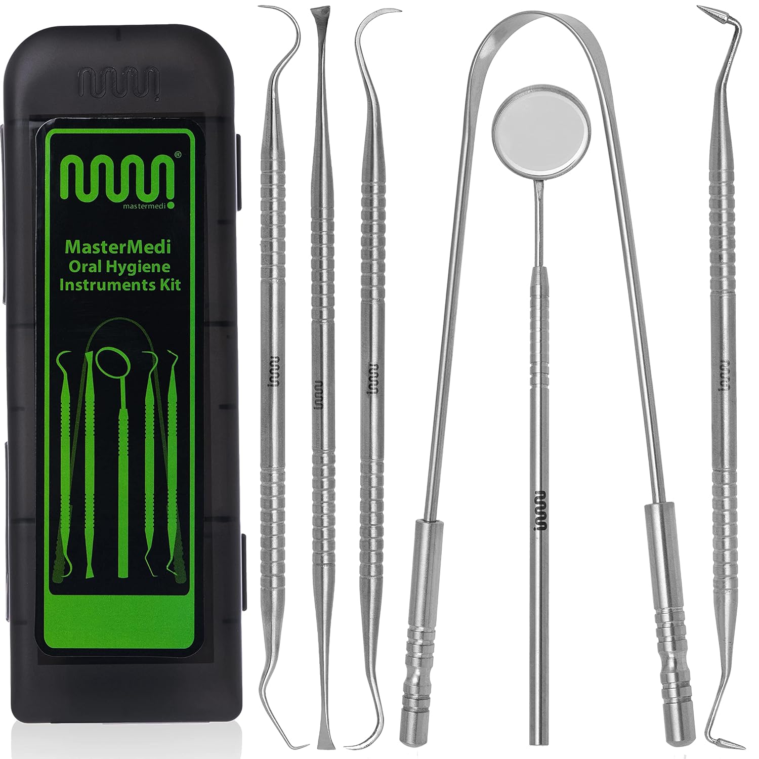 Dental Tools Kit for Teeth Cleaning (6 Pack) – Stainless Steel Oral Care Set with Plaque Remover, Scaler, Mirror & Tongue Scraper, Includes Storage Case for Personal Use