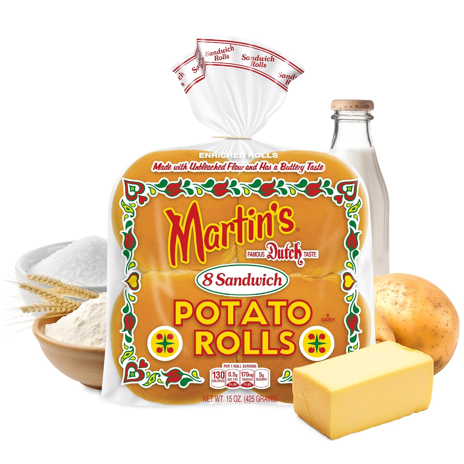 Martins Sandwich Potato Rolls - 3.5” Non GMO Hamburger Buns Perfect for Burgers & Chicken Patty - Golden, Soft & Sweet, Made of Nonfat Milk, High Protein Wheat Flour, Cane Sugar & More - 8 pcs