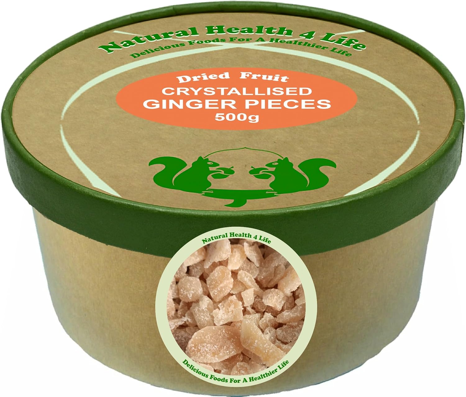Natural Health 4 Life Crystallised Ginger Pieces 500g - All Natural, Vegan, Gluten-Free, Plant-Based Ginger Sweets for Nausea, Digestion, Baking, Cooking & Snacking - Resealable Kraft Paper Tub.