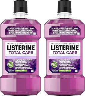 Listerine Total Care Anticavity Fluoride Mouthwash, Kills 99.9% of Germs That Cause Bad Breath and Prevents Cavities, Fresh Mint Flavor, 1L (Pack of 2)