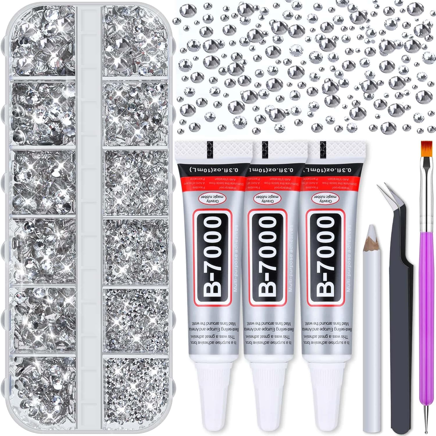Audab B7000 Jewelry Adhesive Glue with Glass Rhinestones for Crafts, 2100Pcs Flat Back Gems Crystal Not Resin Rhinestones with Tweezer Clear Glue for DIY Clothes Fabric Shoes Jewelry Making Nail Art