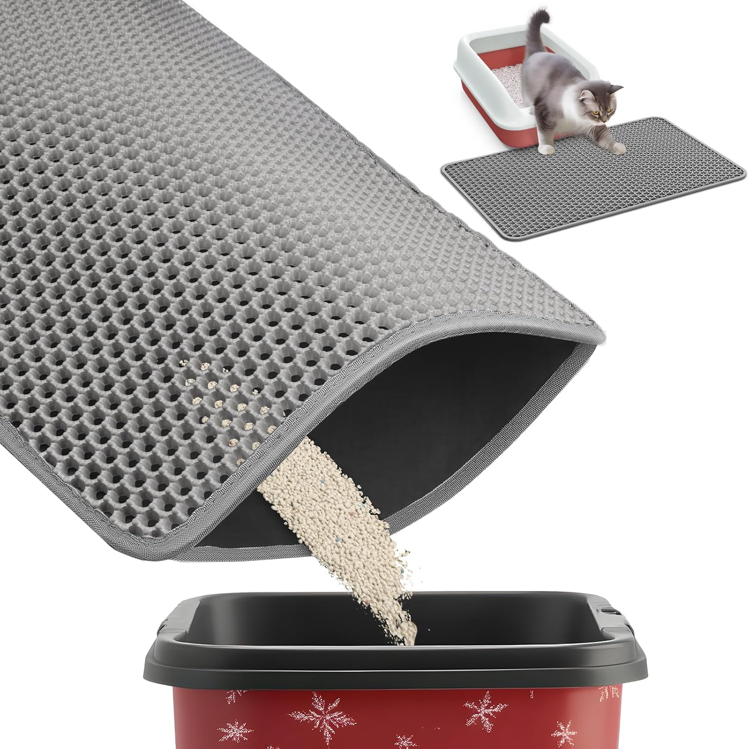 Powools 27" x 19" Cat Litter Mat - Ultra-Large Litter Box Mat with Double Layers, Urine-Proof and Non-Slip Litter Trapping Mat, Easy to Clean Kitty Litter Mats for Floor, Scatter Control, Grey